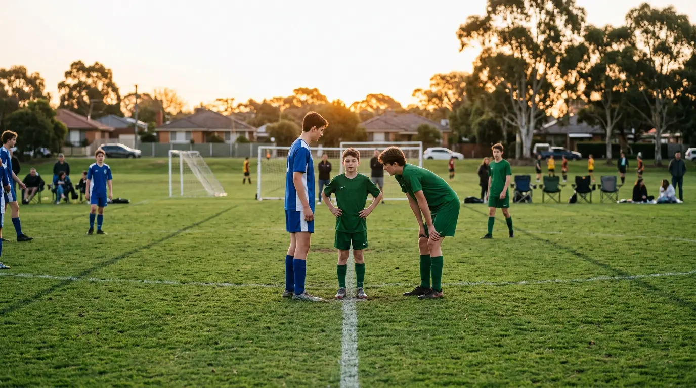 A smaller early-teenage player in football kit stands on the halfway line of a junior match alongside taller teammates and opponents.
