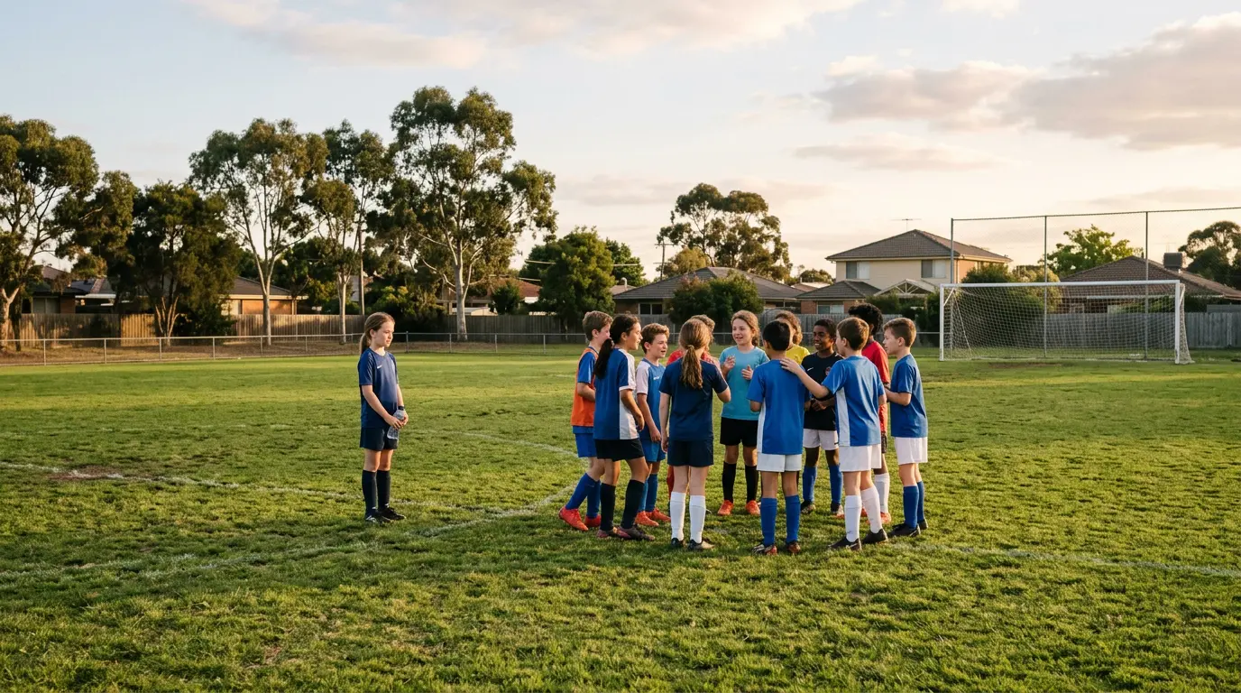 A child in football kit stands slightly apart from a loose team huddle on a community pitch, looking calm and inward.