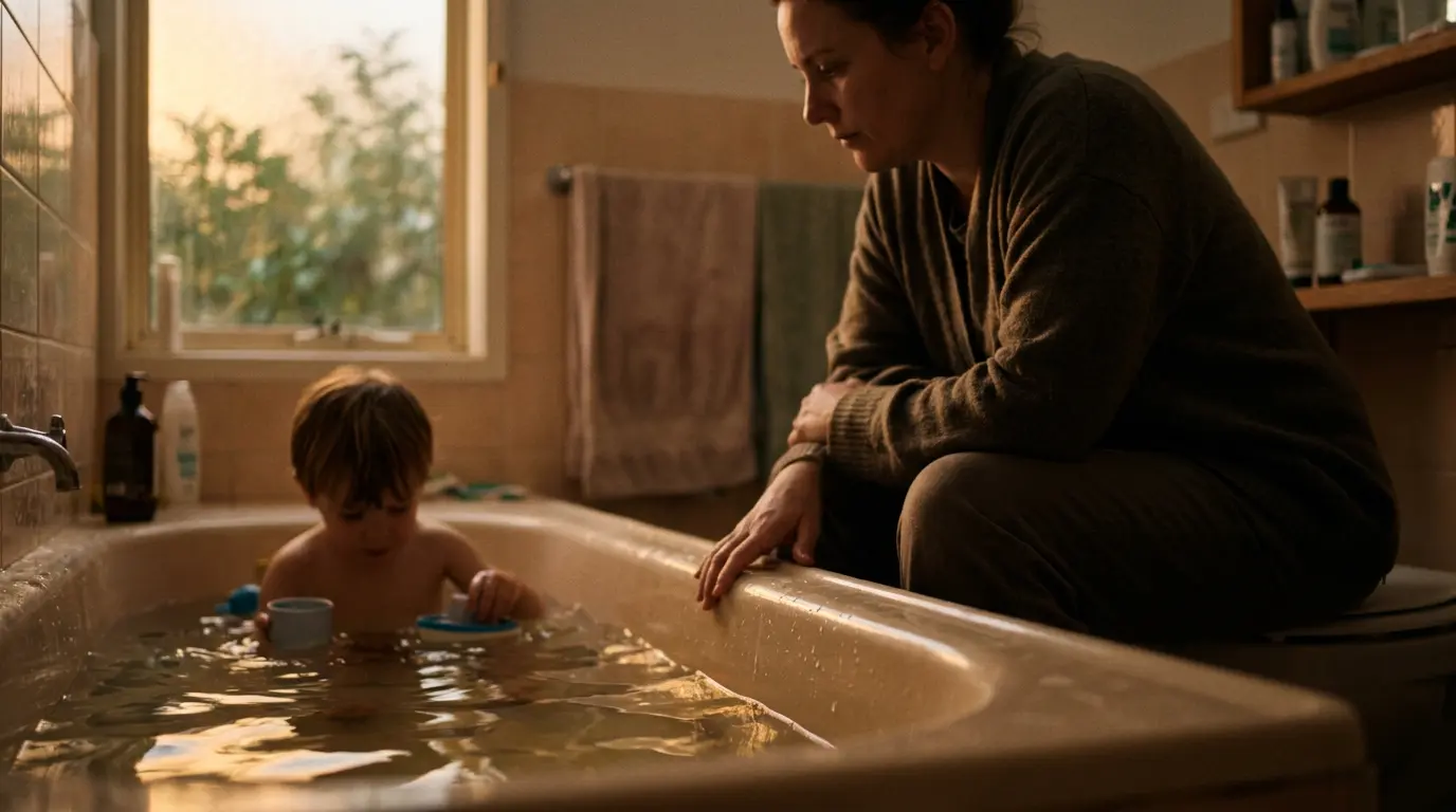 Parent sitting on the edge of a bath in a softly lit bathroom, looking thoughtfully at a child in the water, evening warm light, quiet domestic scene.