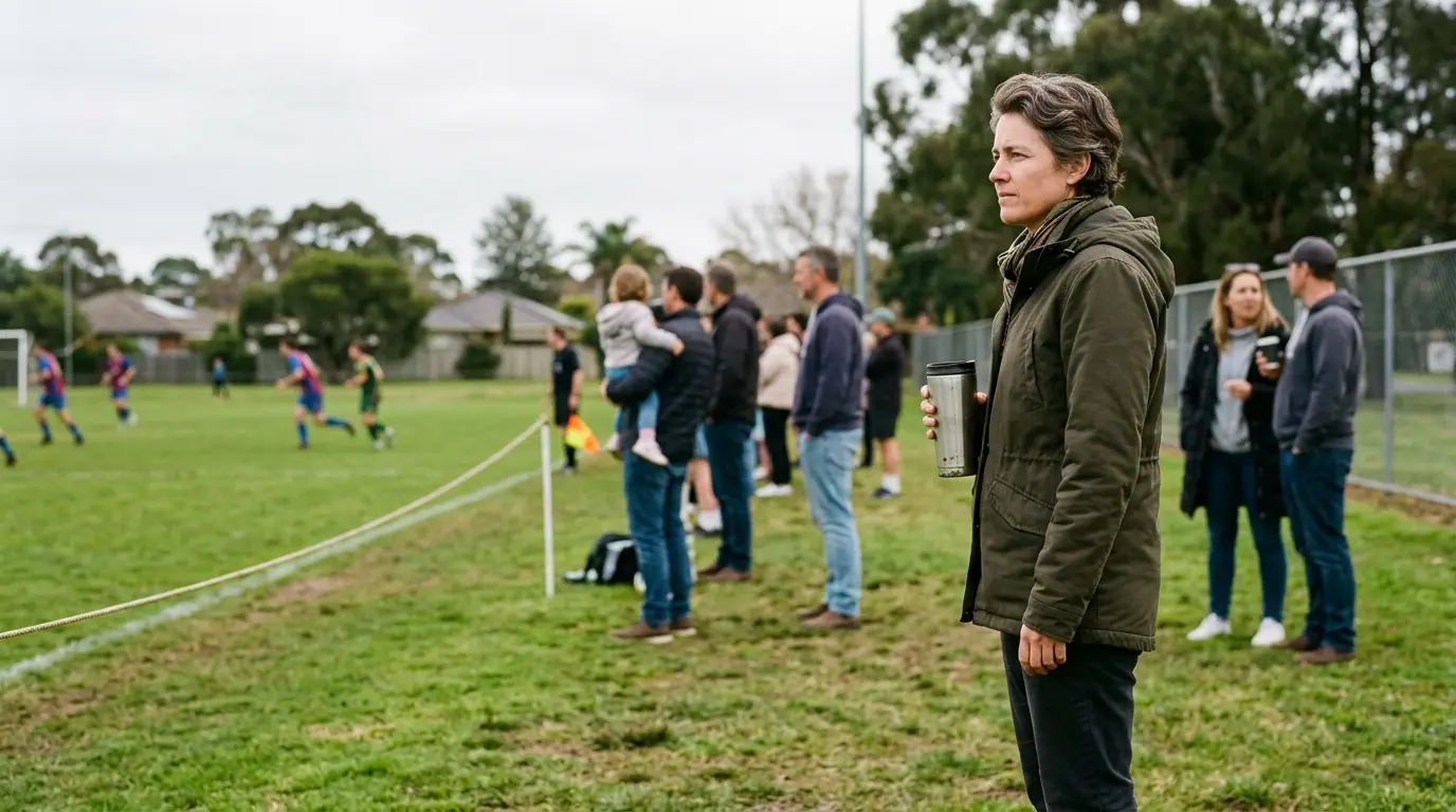 An Australian parent stands at a community football sideline holding a thermos, watching the game intently. Other parents are scattered nearby in the soft-focused background. The parent's expression is settled and observing.