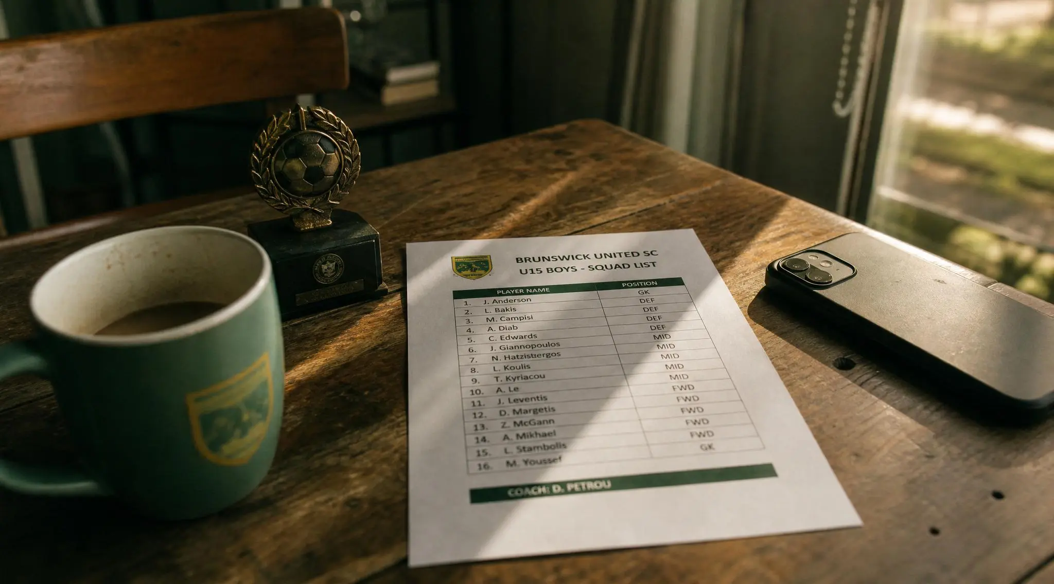 A printed junior football squad list rests on a wooden kitchen table next to a half-finished cup of tea in late afternoon light.