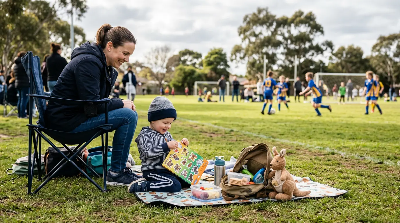 An Australian parent sits on a folding chair at a community football sideline with a toddler beside them, the toddler engaged with a colourful sticker book. A small backpack and snack containers are visible.
