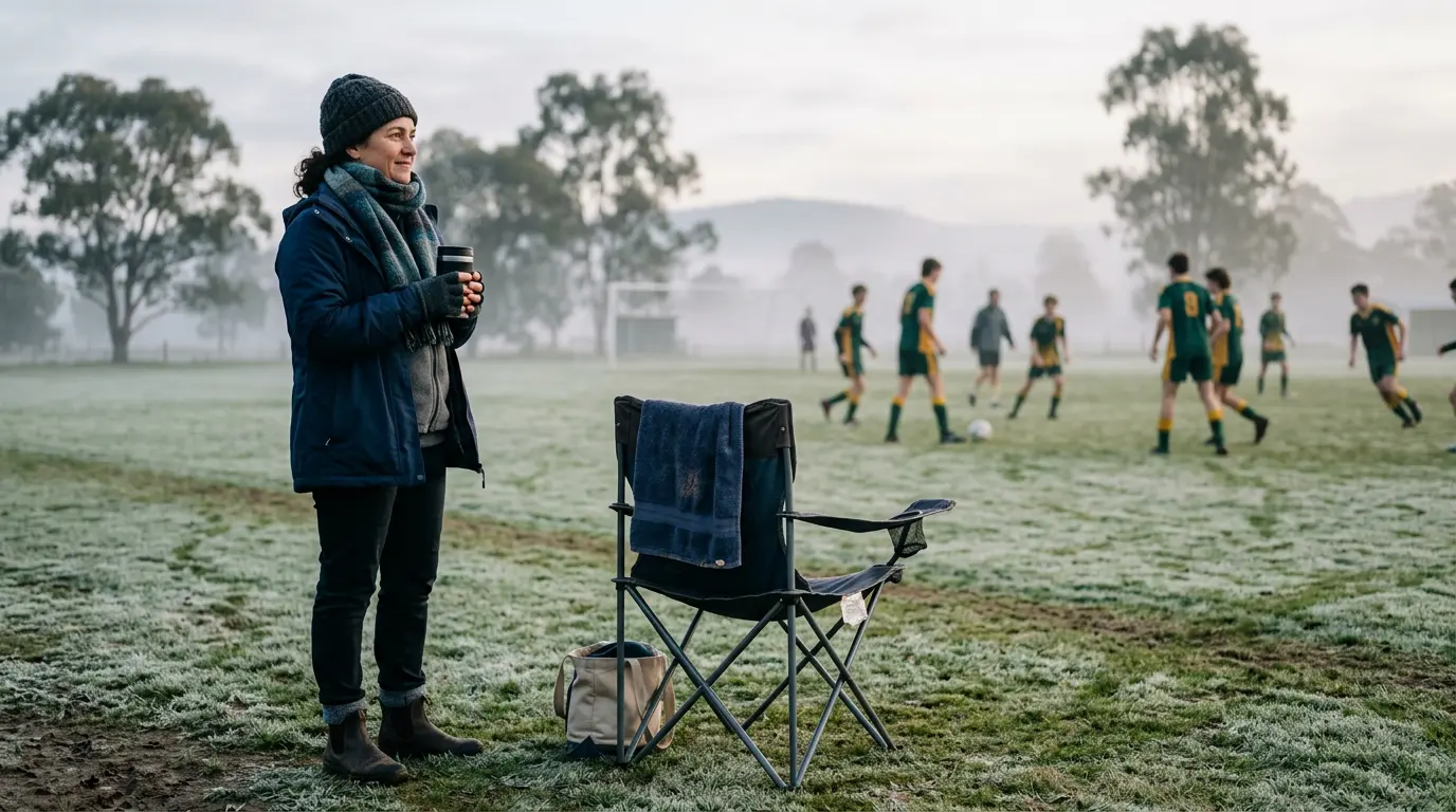 An Australian parent stands at a community football sideline in cold morning conditions, wearing a beanie, scarf, thermal layers and a waterproof outer. Holding a thermos cup. Folding chair visible beside them. Light frost on the grass.