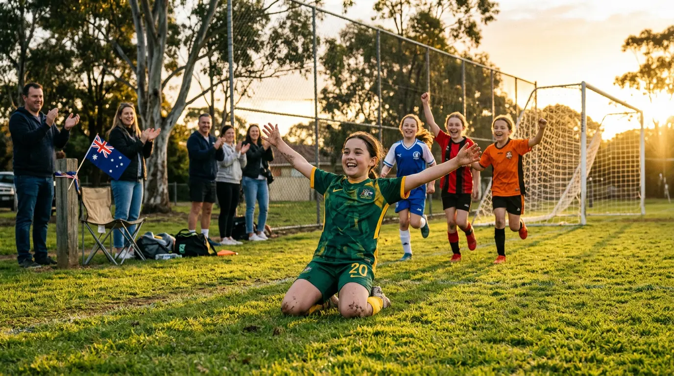 A girl in a green-and-gold Matildas-style jersey slides on her knees in celebration after scoring on a suburban community football pitch, teammates running to join her at golden hour.