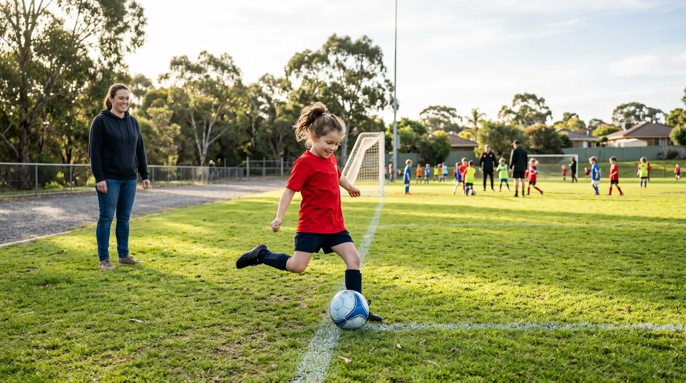 A young girl in football kit takes her first kick of a ball at a community pitch while a parent watches from a few metres back.