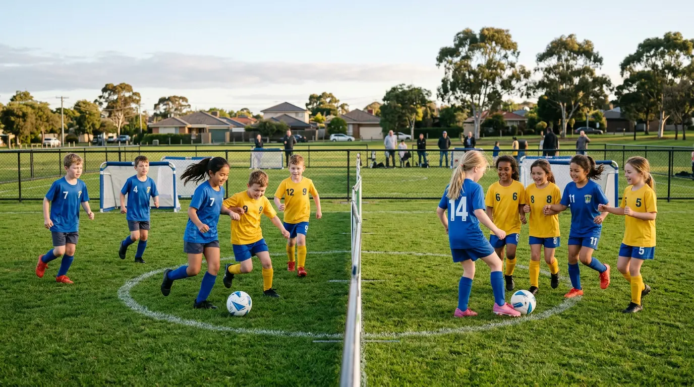 Two small-sided junior football games on a community pitch, one mixed-gender and one all-girls, both at MiniRoos level.