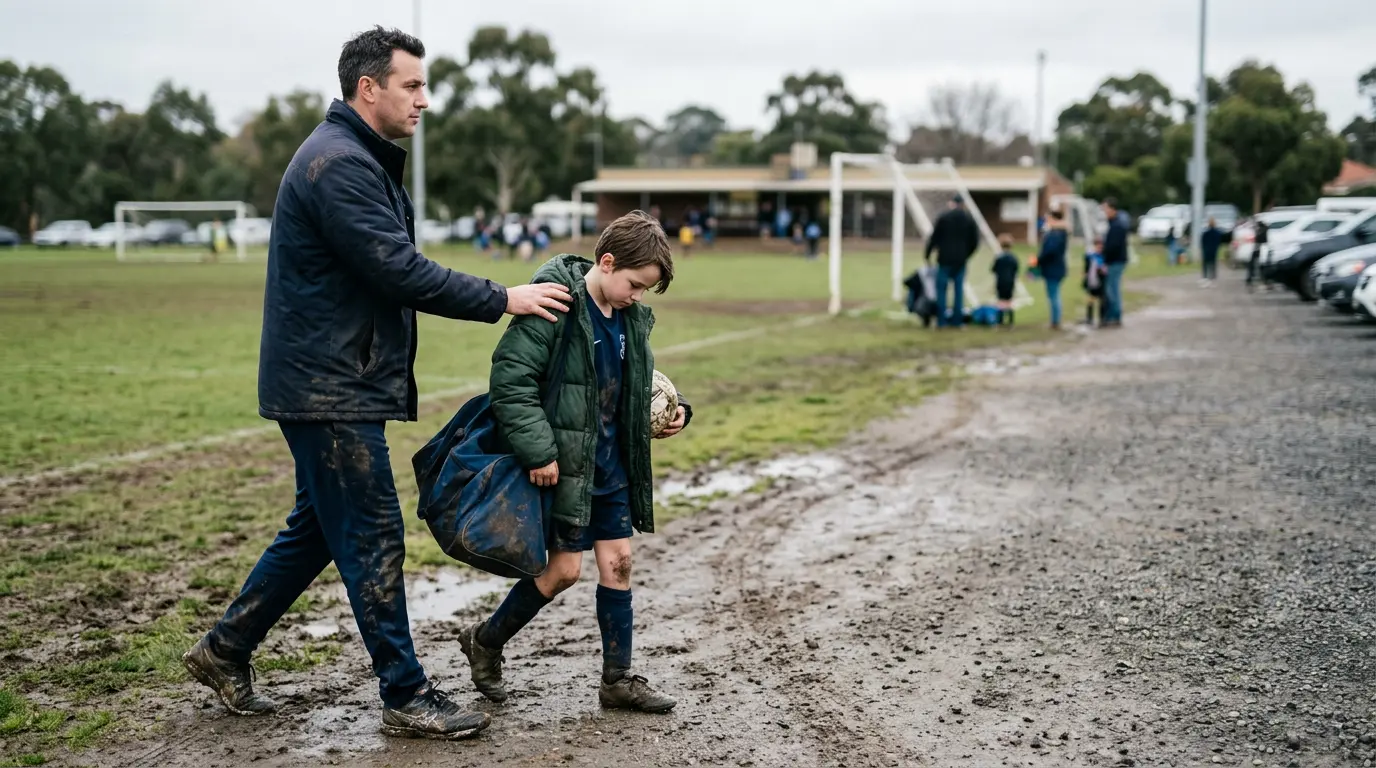 An Australian parent and their child walk away from a community football pitch after a Saturday morning loss. The kid is looking at the ground. The parent is walking calmly beside them, not speaking. Both are in muddy match kit and warm jackets.