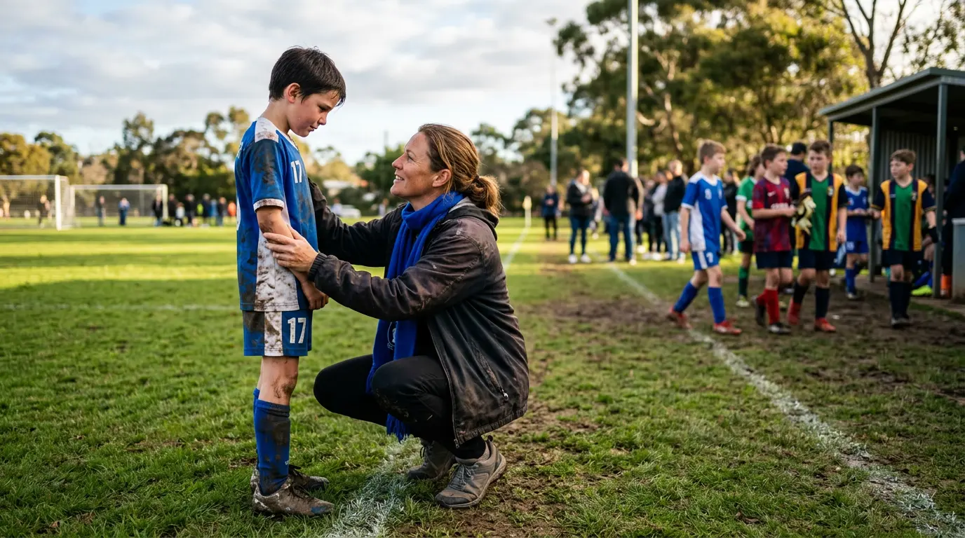 An Australian parent crouches beside their child at the edge of a community football pitch after the final whistle, looking at the kid at eye level and speaking quietly. The kid's expression is somewhere between proud and disappointed.