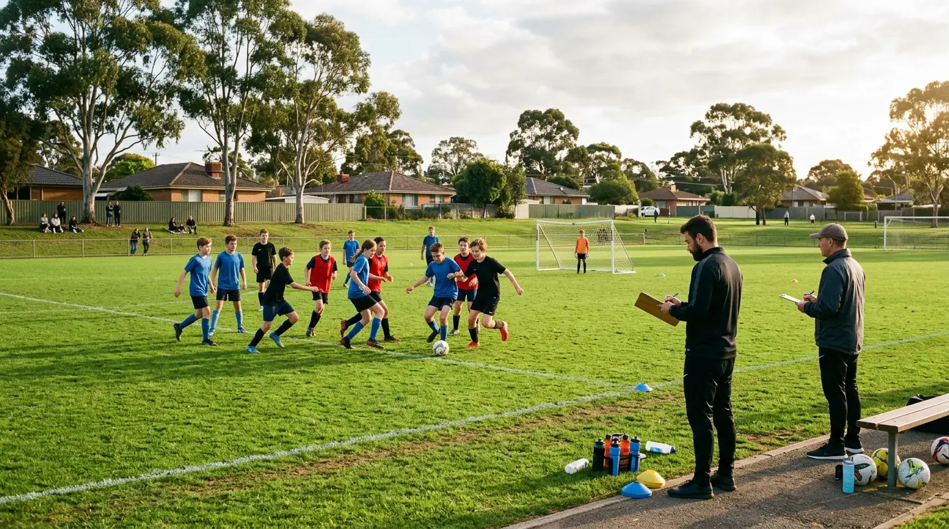Early-teenage players in football kit run a trial activity on a community pitch while two adults observe with clipboards from the sideline.