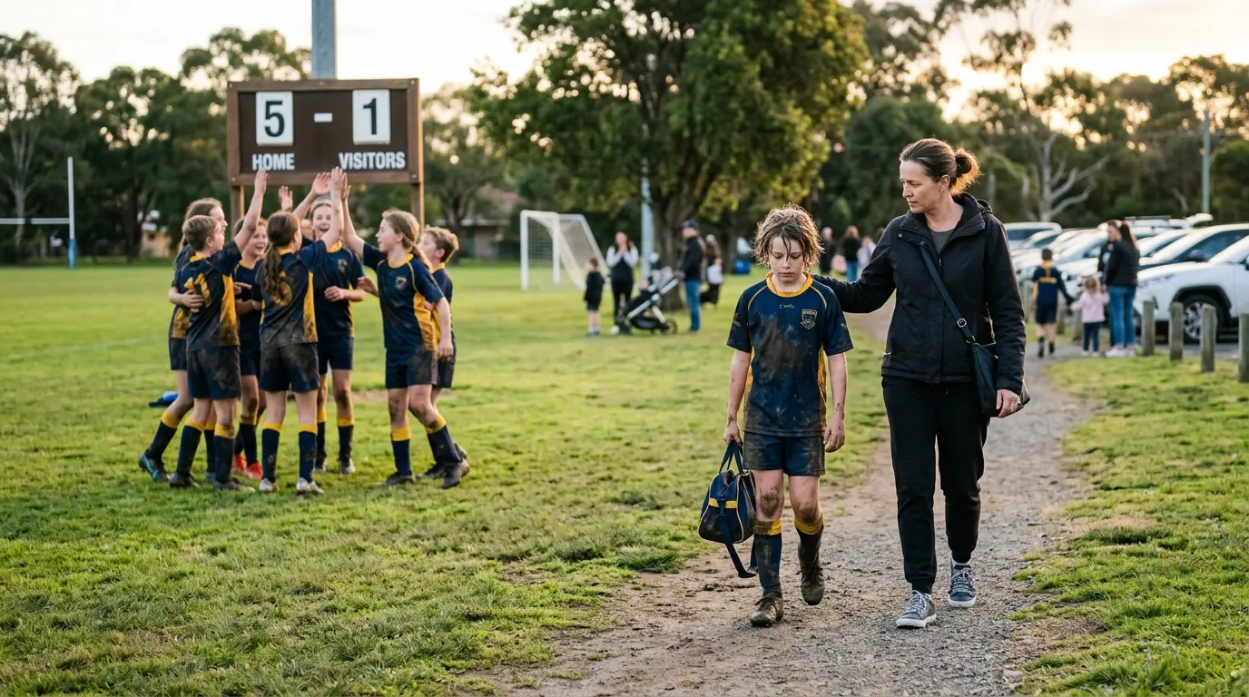 An Australian parent walks beside their child away from a community football pitch after a game. The child looks reflective and slightly downcast despite the team having won. The parent's expression is steady, not speaking.