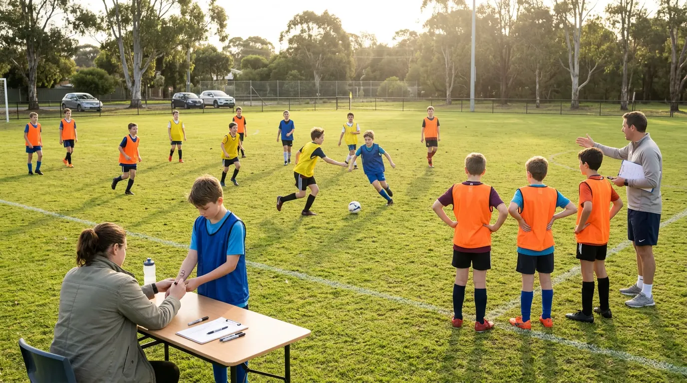 A community football trial: kids in mismatched gear wearing coloured pinnies playing a small-sided game while a coach with a clipboard watches and an admin volunteer marks numbers on players' hands at a fold-out registration table.