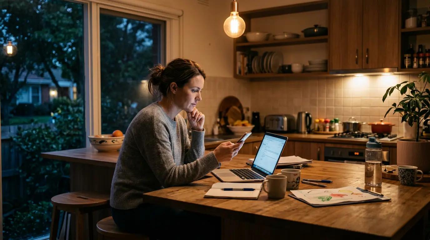 A parent reads an email on a laptop at a suburban Australian kitchen table in the evening, phone in hand.