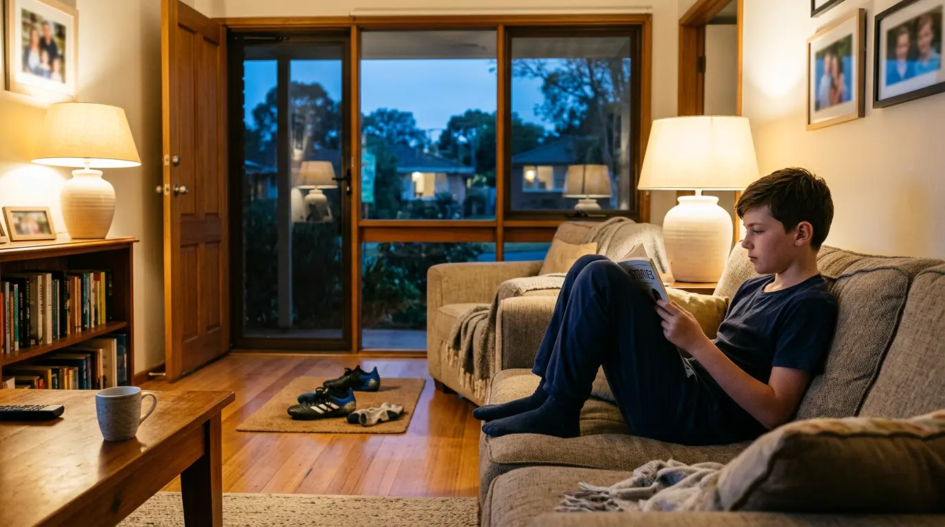 An early-teenage child reads a book on a couch in pyjamas, with football boots placed neatly by the door in the background.