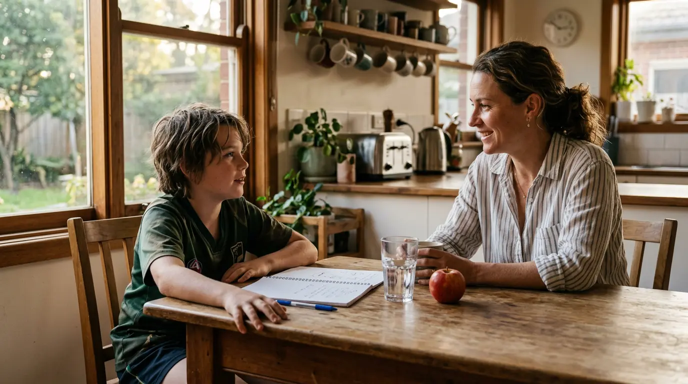 An Australian parent sits at a kitchen table with their child in the afternoon, both having a quiet conversation. The kid is in casual after-game clothes. The parent's expression is attentive, listening rather than steering.
