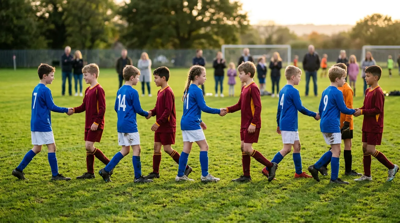Two Australian junior football teams form a handshake line after a game, the kids walking past each other and exchanging brief handshakes with eye contact. Late afternoon light on a community grass pitch.