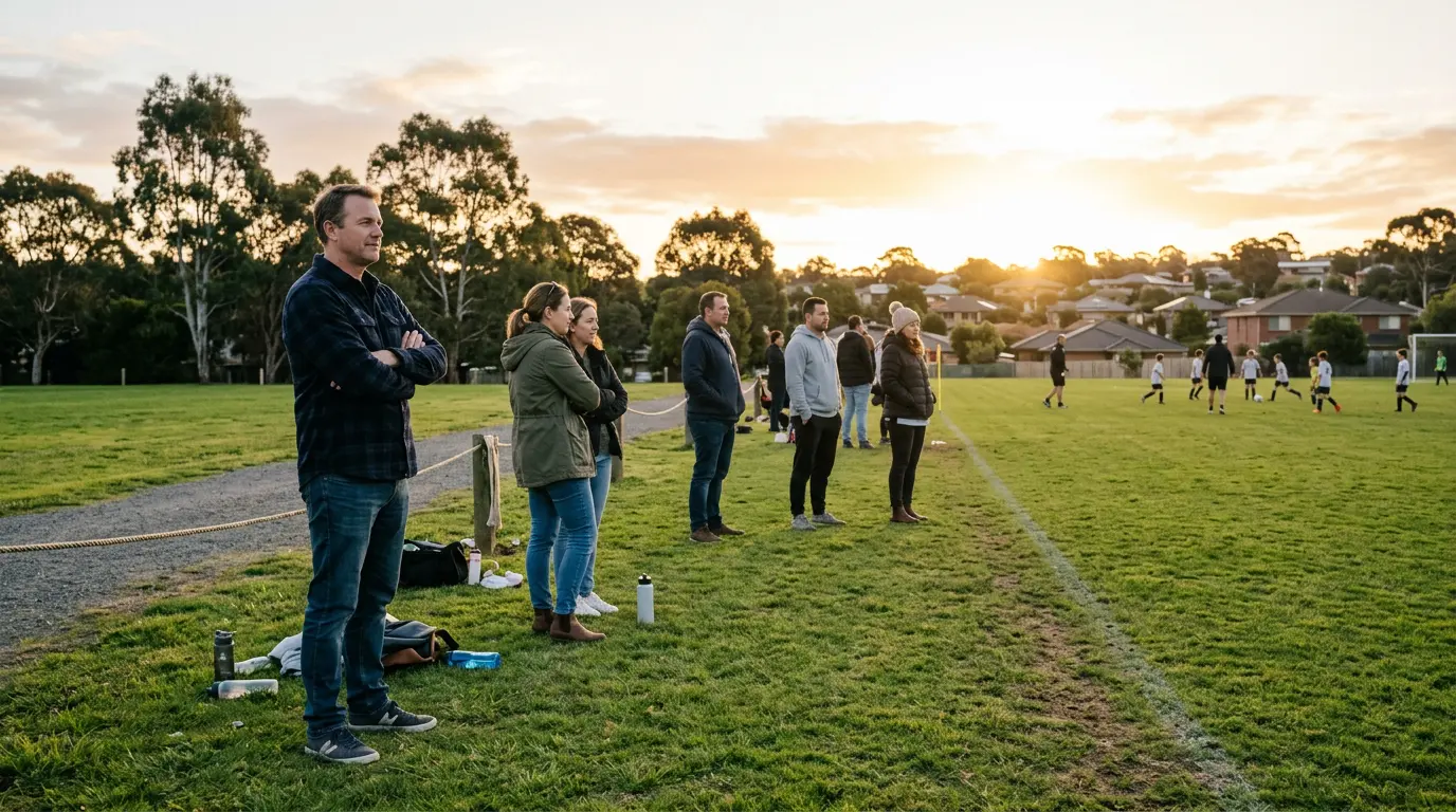 Parents stand quietly on the sideline of a community junior football match at golden hour, watching with relaxed body language.