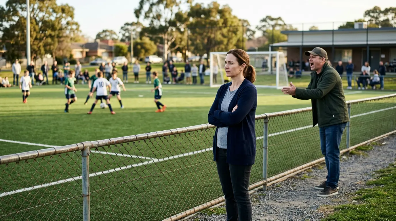 Two parents stand at a respectful distance on a community football sideline, body language composed despite the tension of the moment.