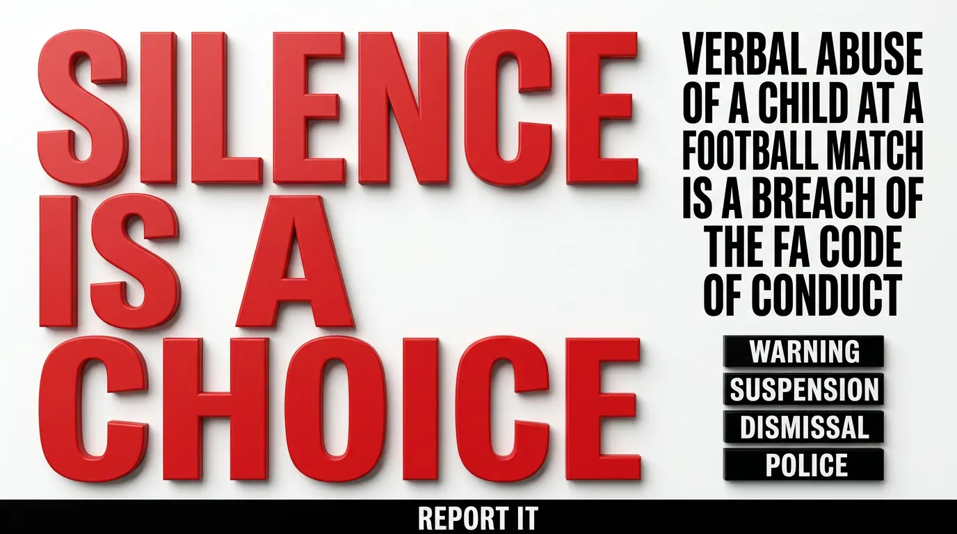 Editorial poster reading SILENCE IS A CHOICE in bold red typography, with the FA Code of Conduct breach categories listed below in black on white.