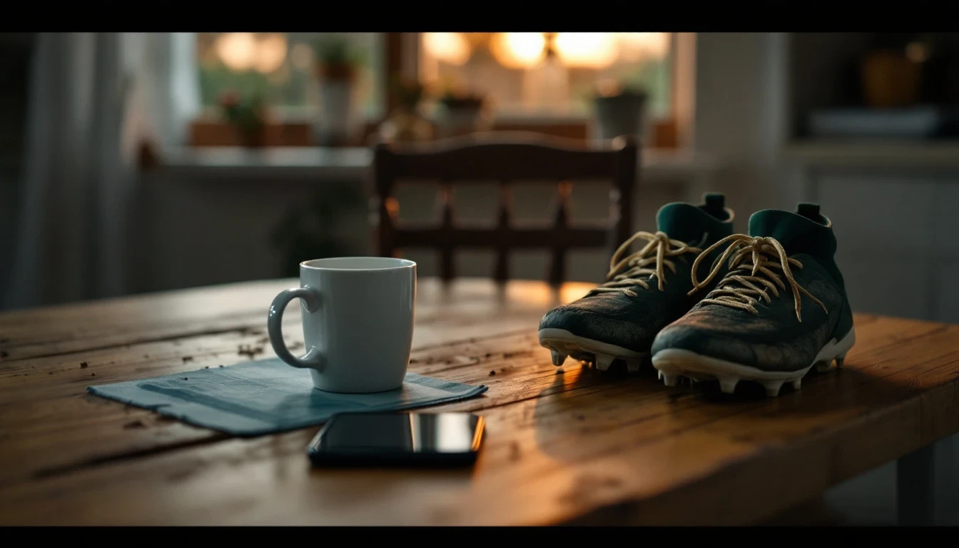 An Australian suburban kitchen table at dusk with two empty tea mugs and a phone face down beside a pair of folded muddy football boots.