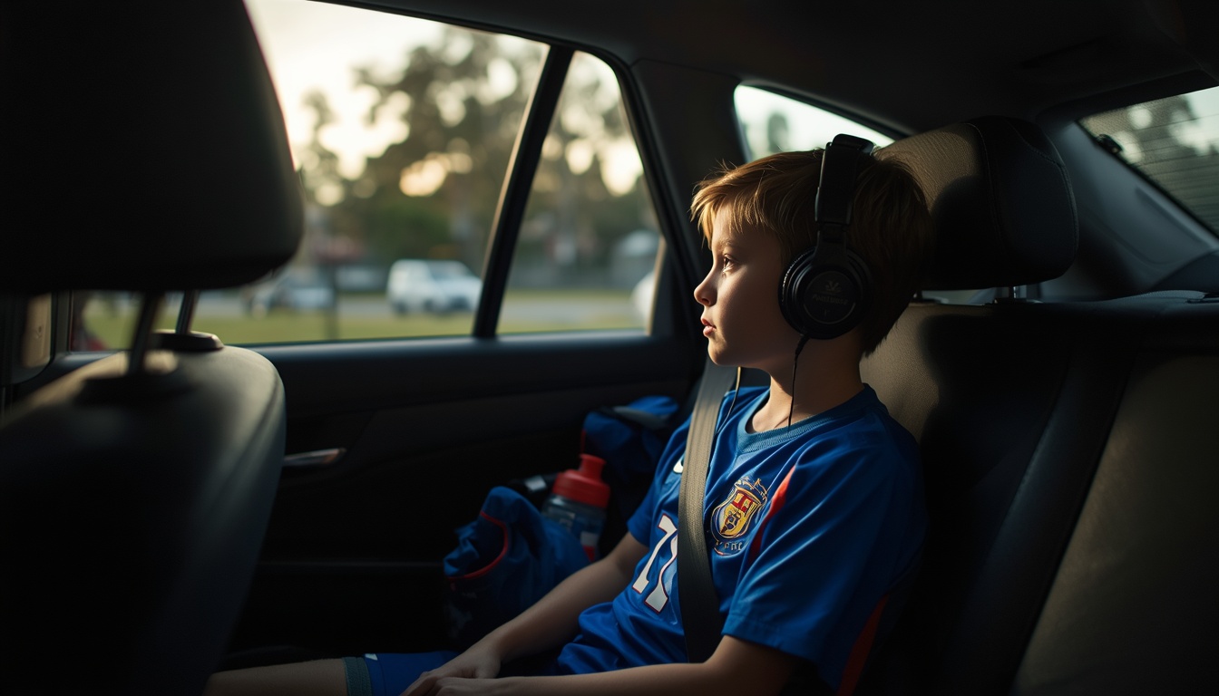 A child in junior football kit sits quietly in the back seat of a car after a game, headphones on, looking out the window in late afternoon light.