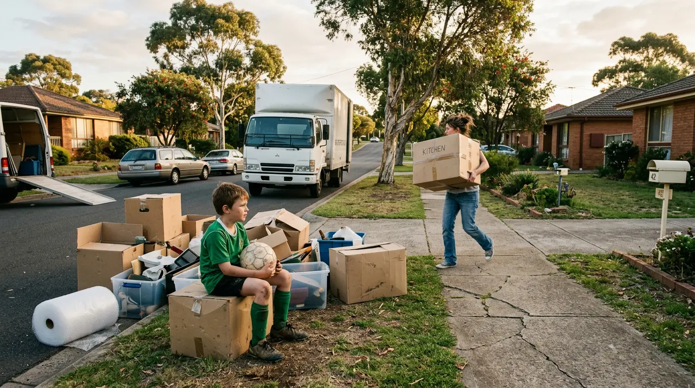 A family mid-move on a suburban Australian street with cardboard boxes on the verge and a child in football kit watching as a parent carries a box.