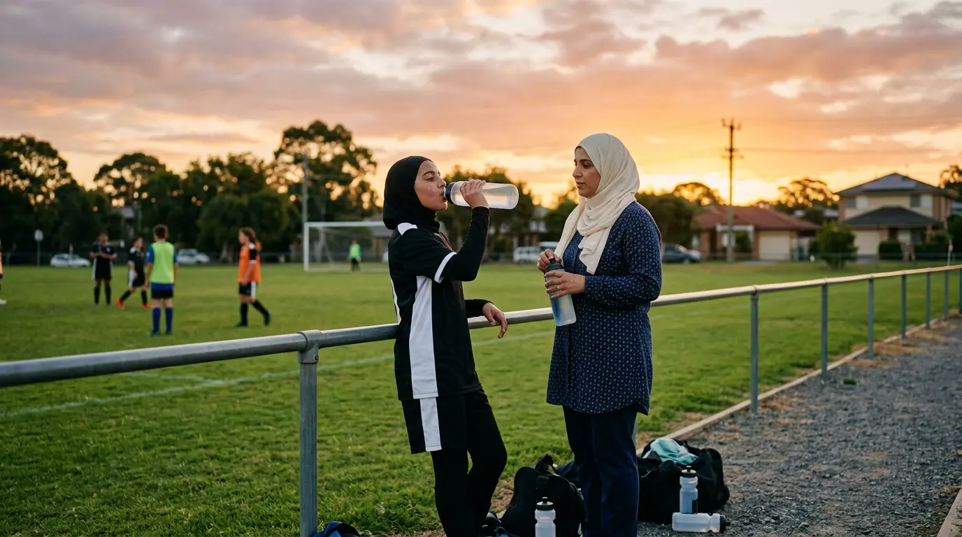 An early-teenage player in football kit takes a water break with a parent on the sideline of a community pitch at sunset.