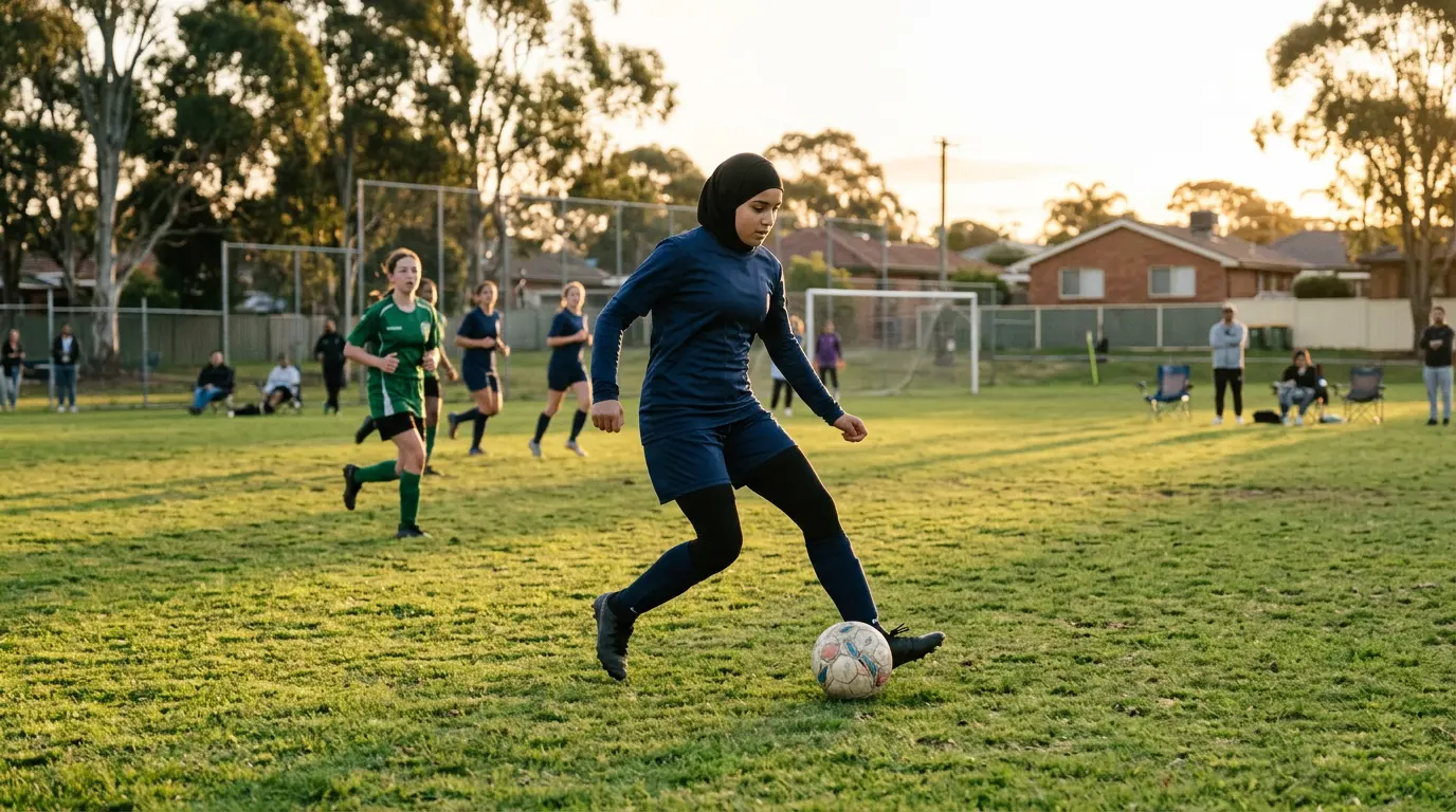 A young teenage girl in a sports hijab and football kit takes a controlled touch on the ball during a community football match.