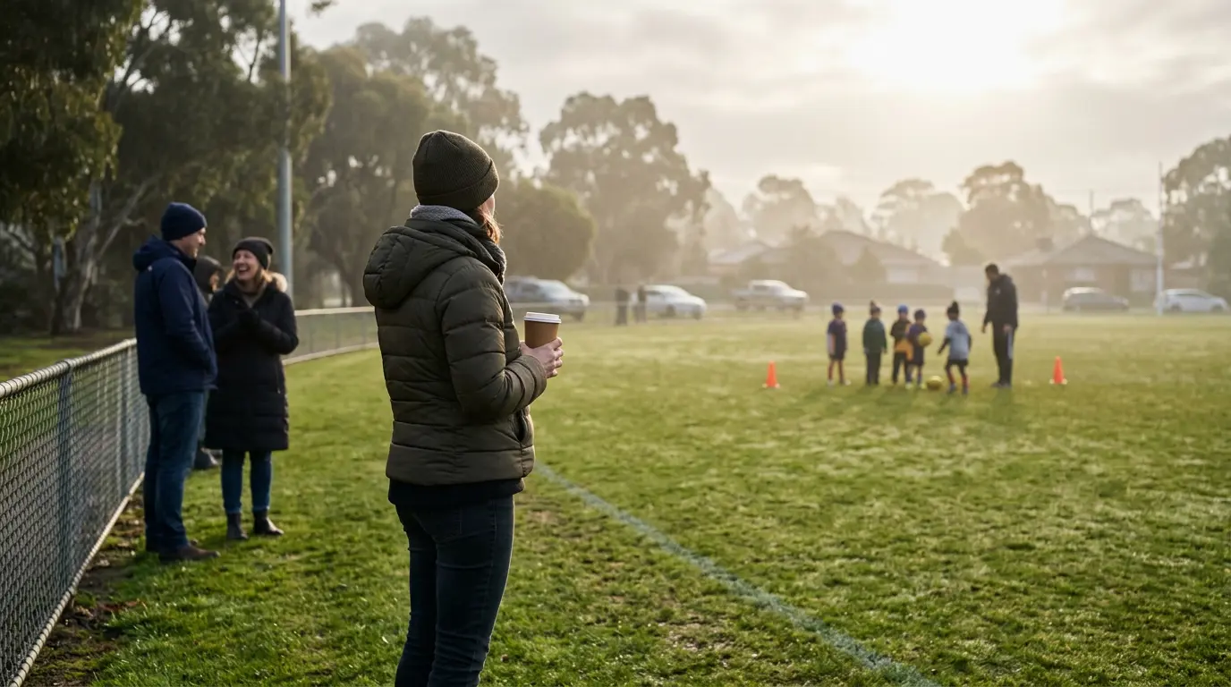 Parent standing on a community football sideline in Australia, holding a coffee, watching young kids train on a misty Saturday morning.