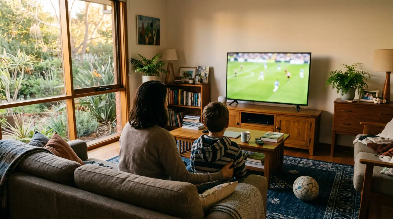Child sitting on a lounge-room couch watching a football match on television, late Sunday afternoon light, ball on the rug.