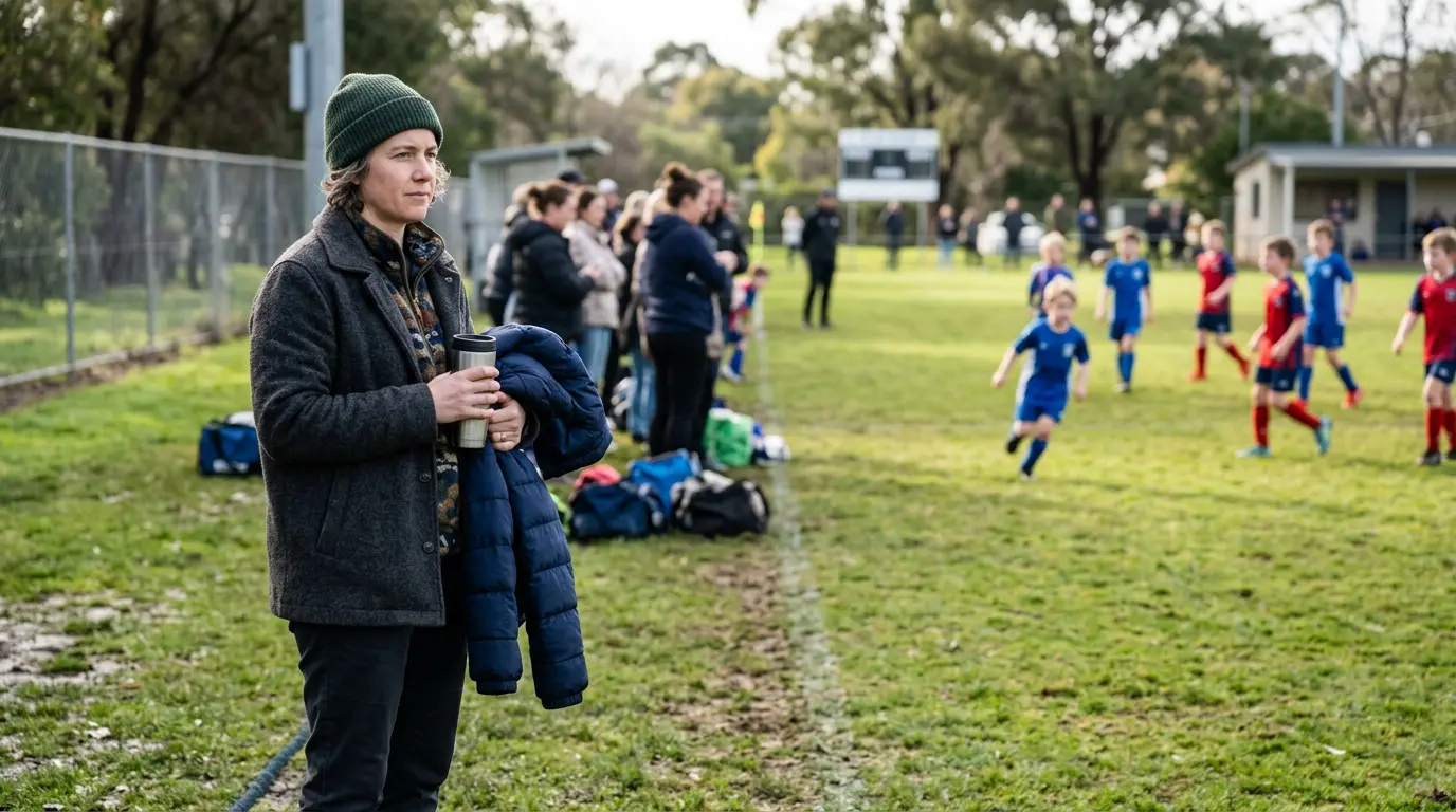 An Australian parent stands quietly at the edge of a community football sideline, watching the game without speaking. Holding a folded jacket. Other parents nearby in soft focus.
