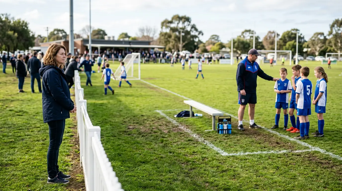 An Australian parent stands quietly at the sideline of a community football game, observing without comment as a coach instructs players nearby. The parent is positioned a respectful distance from the coach's coaching zone.