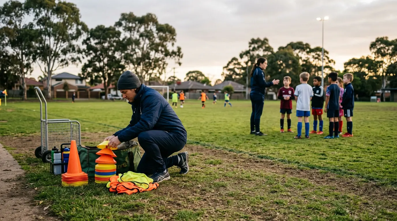 An Australian parent stacks cones and equipment beside a community football pitch at training, while in the middle distance a coach gives instruction to a group of kids. The parent is staying in the logistics lane.