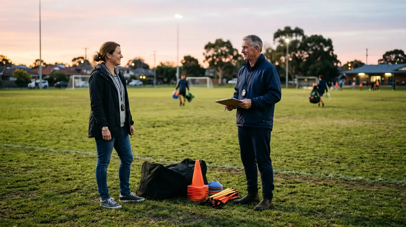 An Australian parent stands briefly with a community football coach near the equipment bag after training, having a short conversation. Both look relaxed and unhurried.