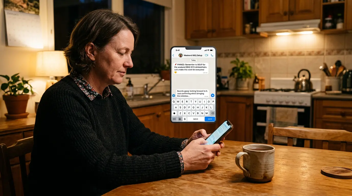 An Australian parent sits at a kitchen table with a phone open to a team WhatsApp group, composing a brief message in the evening. The phone shows a clean message thread with a pinned post at the top.