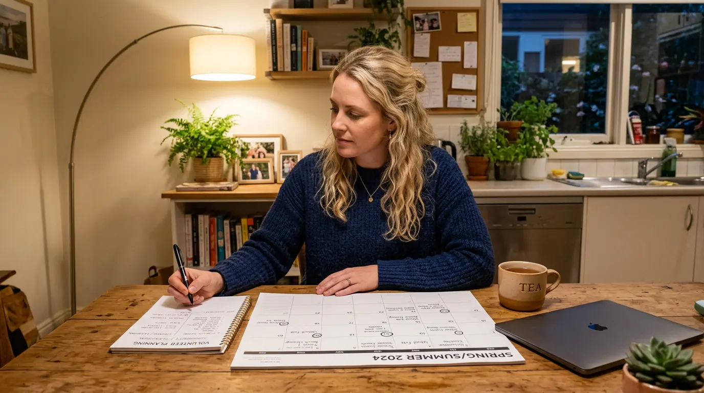 An Australian parent sits at a kitchen table with a notebook open and a calendar, planning the volunteer hours for the season. Calm and considered, not rushed.