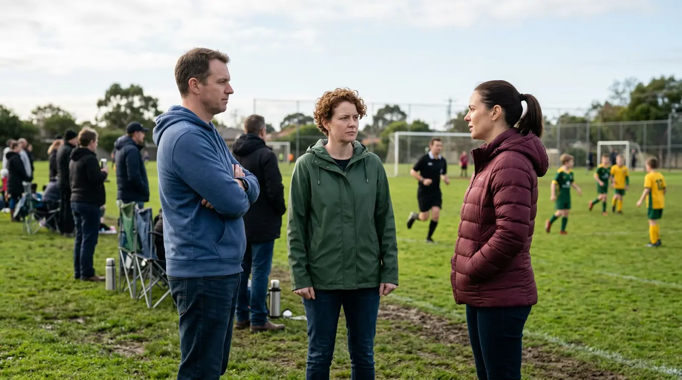 An Australian parent stands quietly between two slightly tense parents at the sideline of a community football game, breaking the line of sight without making the intervention obvious. Other parents nearby look on.