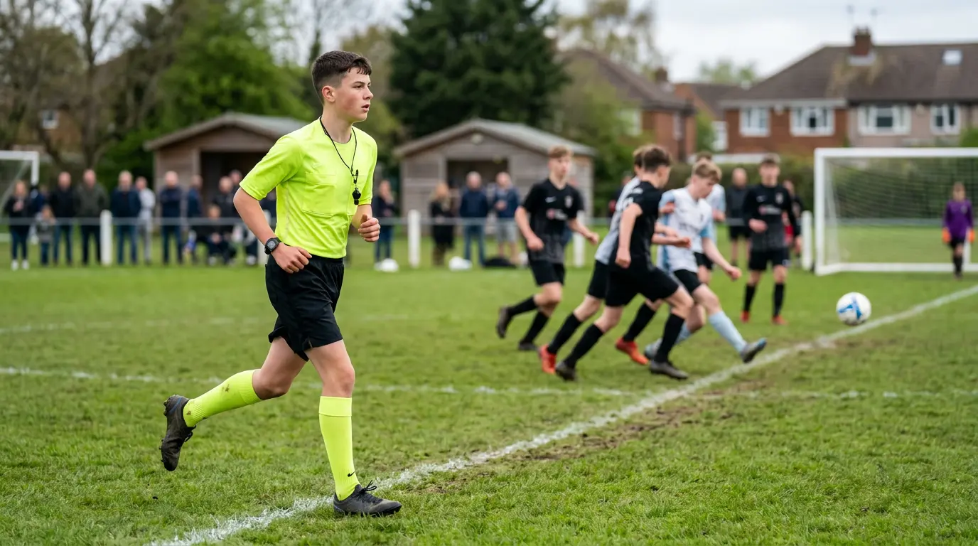 A teenage referee in a junior football uniform jogs across a grass pitch with a whistle in hand, the ball in motion in the soft-focused background. Sun shining, mid-morning Saturday game.