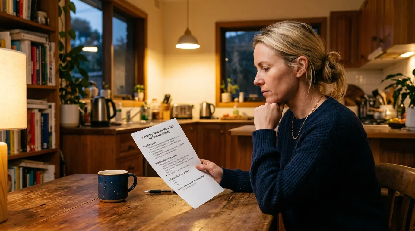 An Australian parent sits at a kitchen table on a weeknight, reading a printed page of role responsibilities and notes. A coffee cup beside them. Considered, not rushed.