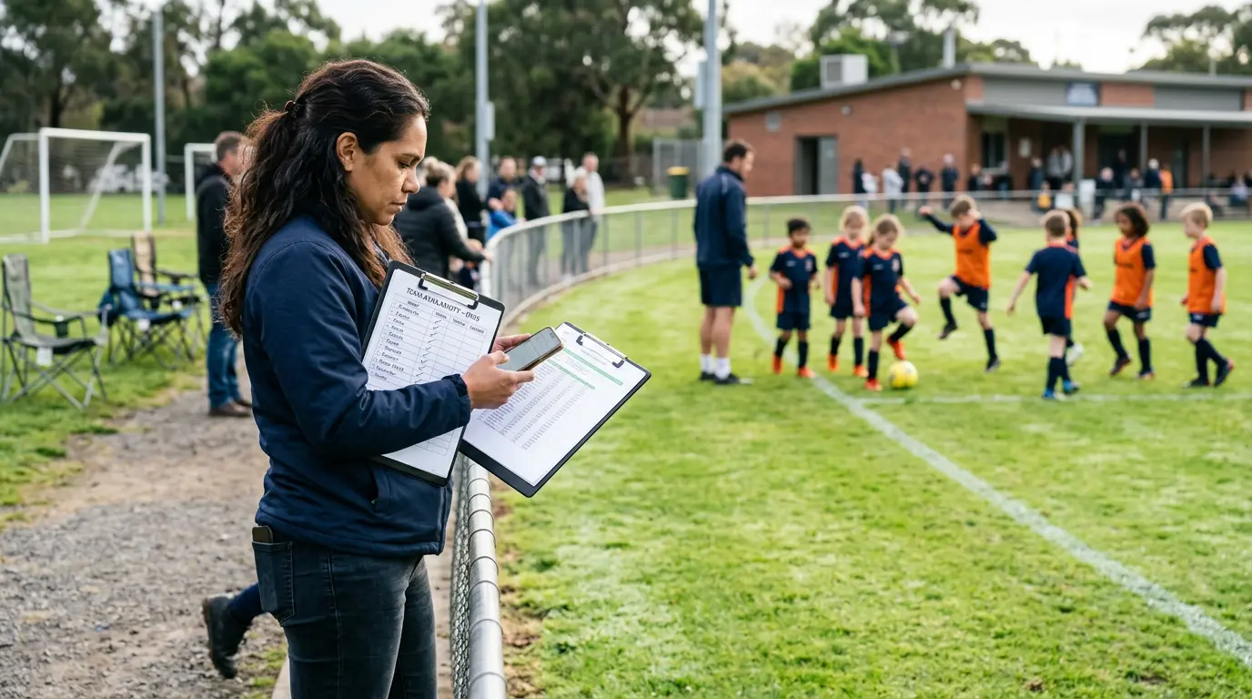 An Australian parent stands at the edge of a community football pitch with a clipboard, checking team availability against a phone screen. The team is warming up in the soft-focused background.