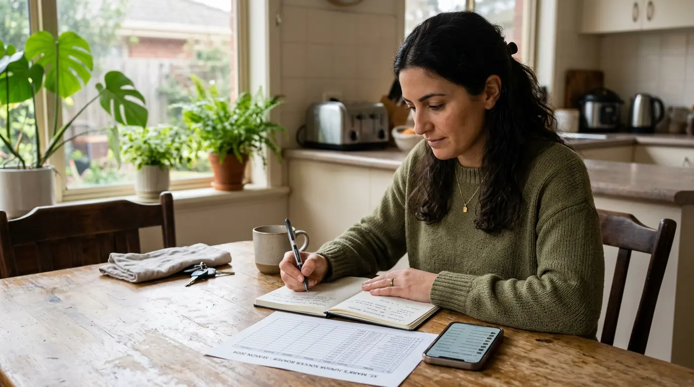 An Australian parent sits at a kitchen table on a quiet weekend with a notebook open, planning the team manager set-up tasks for the season. A printed roster and a phone with team contacts.
