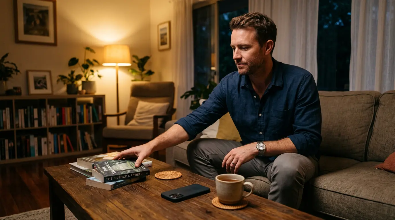 An Australian parent puts a phone face down on a kitchen counter in the evening, reaching for a book. The kitchen is calm and lit by lamp light.