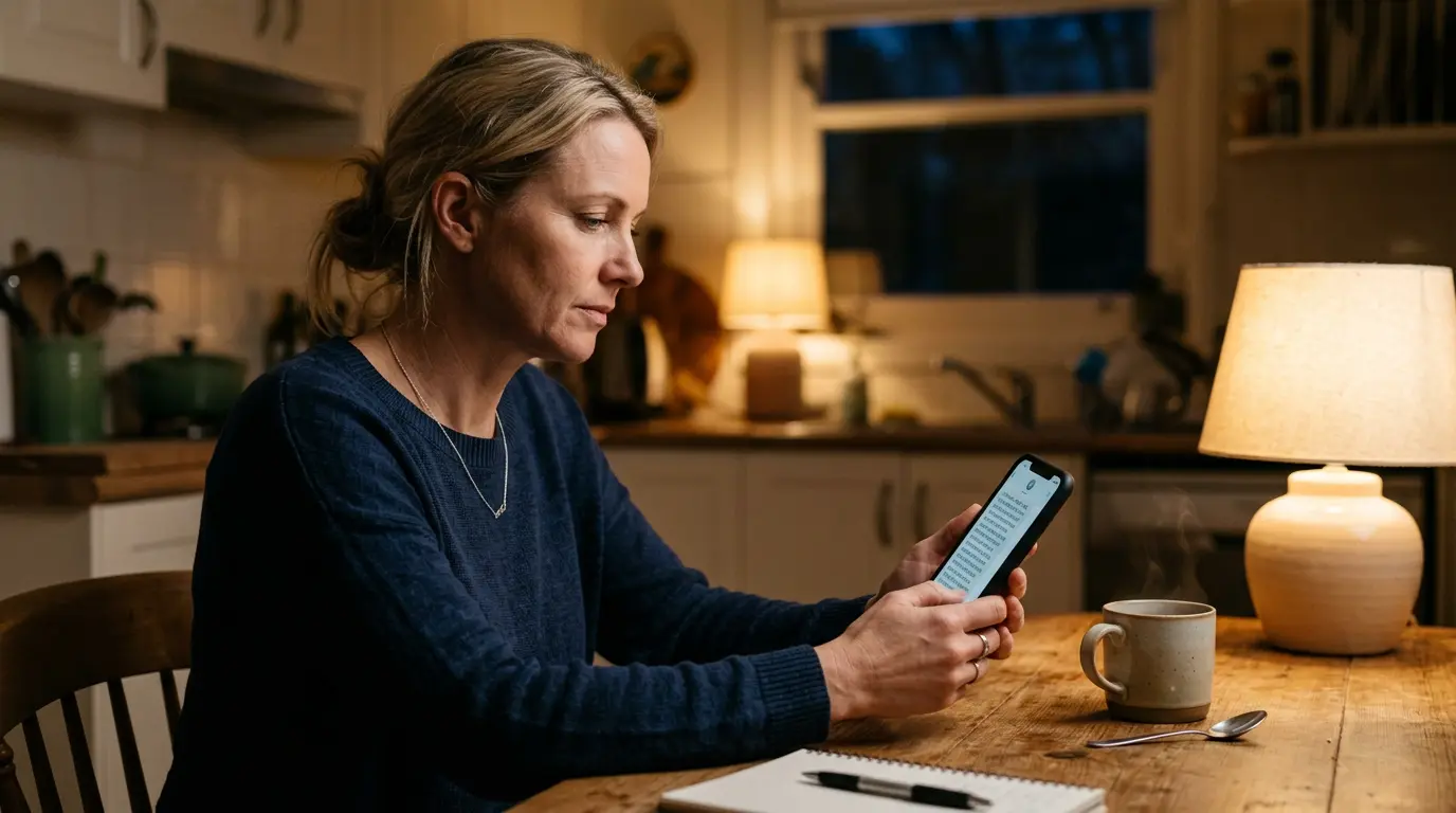 An Australian parent in the role of team manager looks at a phone displaying a long private message from another parent, expression thoughtful and considered rather than reactive.