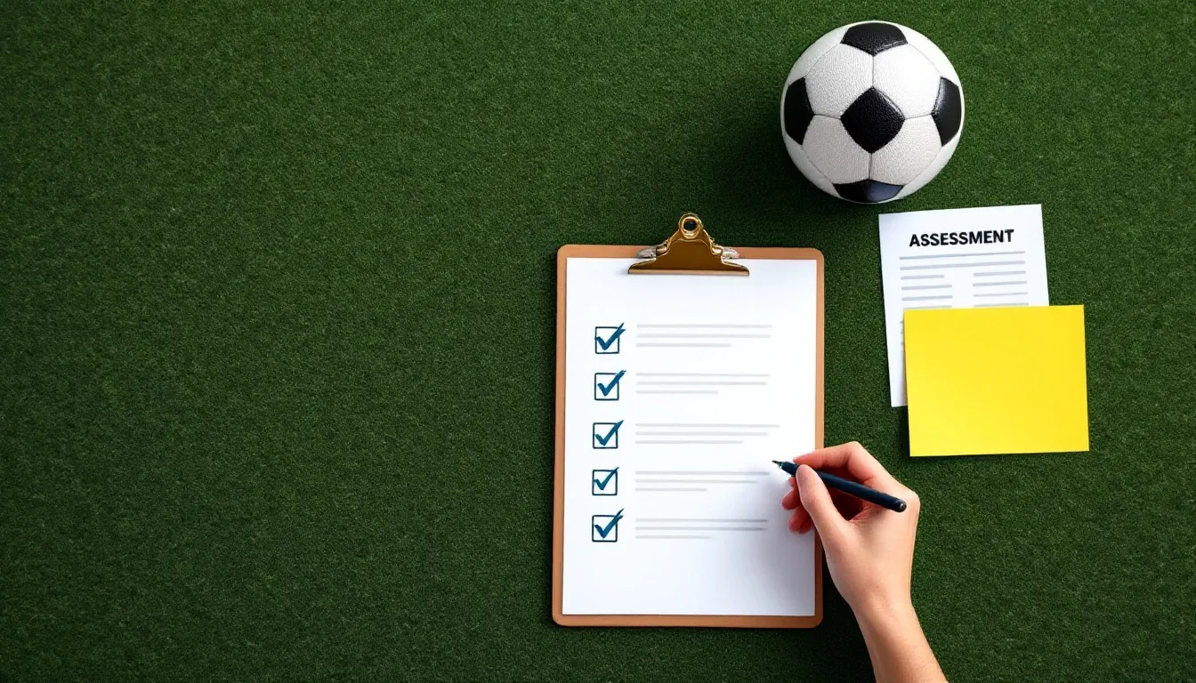 A clipboard with assessment criteria checkboxes next to a soccer ball on artificial turf.