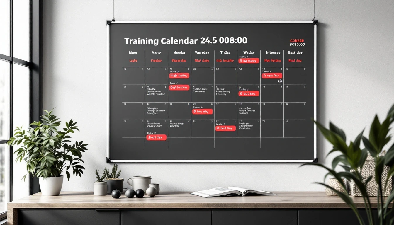 A weekly training calendar showing varied session types across Monday to Friday with intensity markers and rest days highlighted.