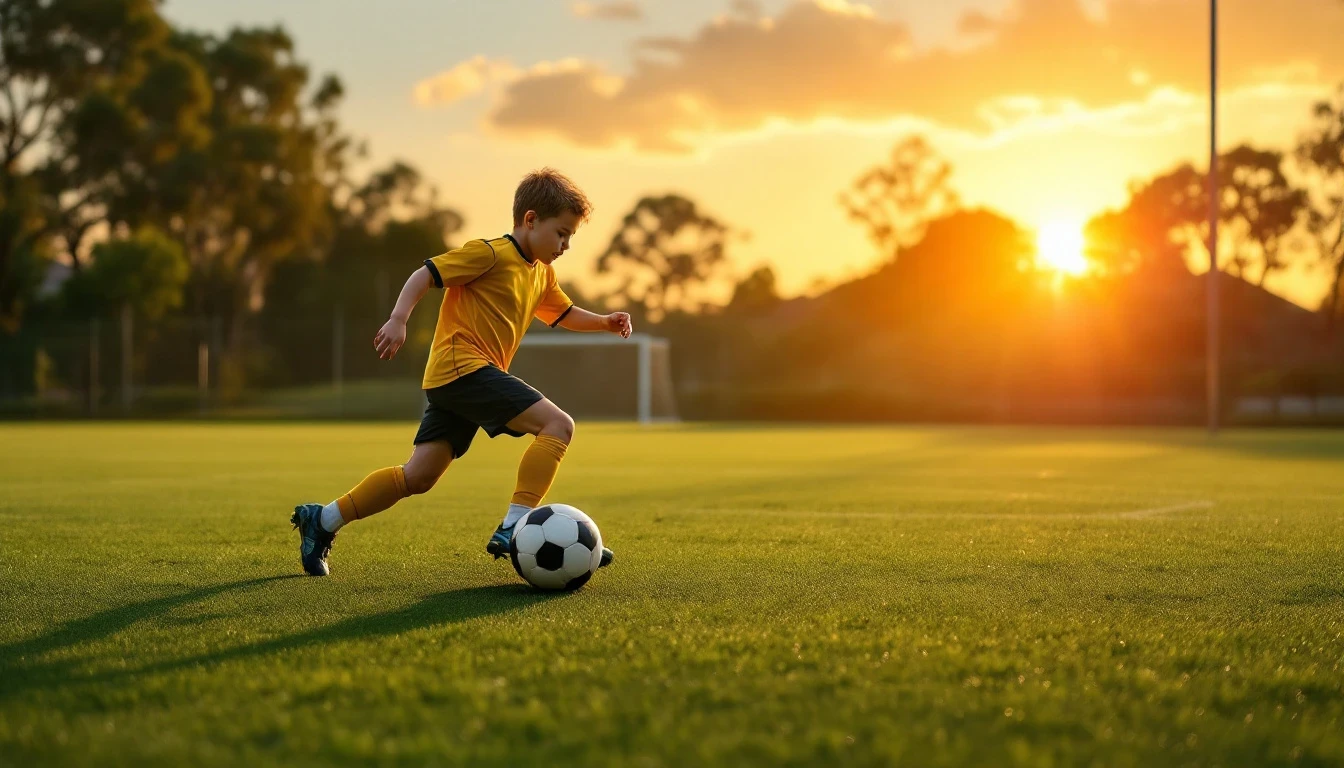 A child in training gear practising dribbling with a soccer ball on a community football pitch at dusk.