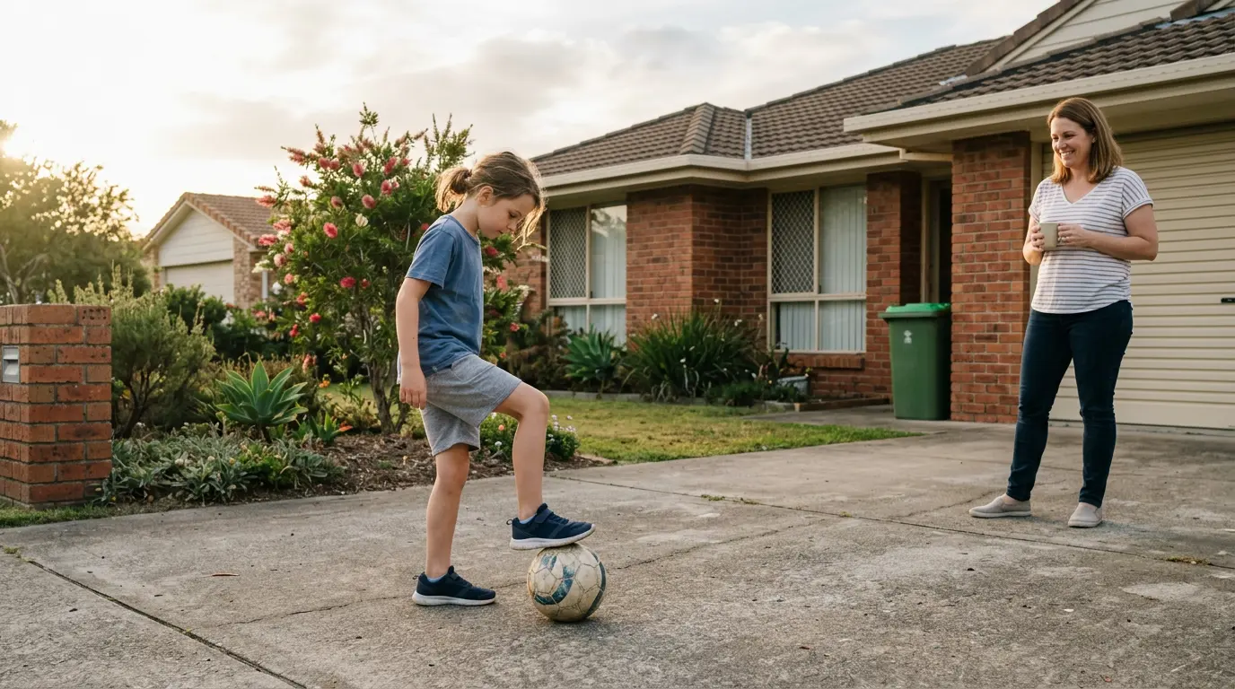 A child in everyday clothes practises ball touches in a suburban Australian driveway while a parent watches with a coffee mug.